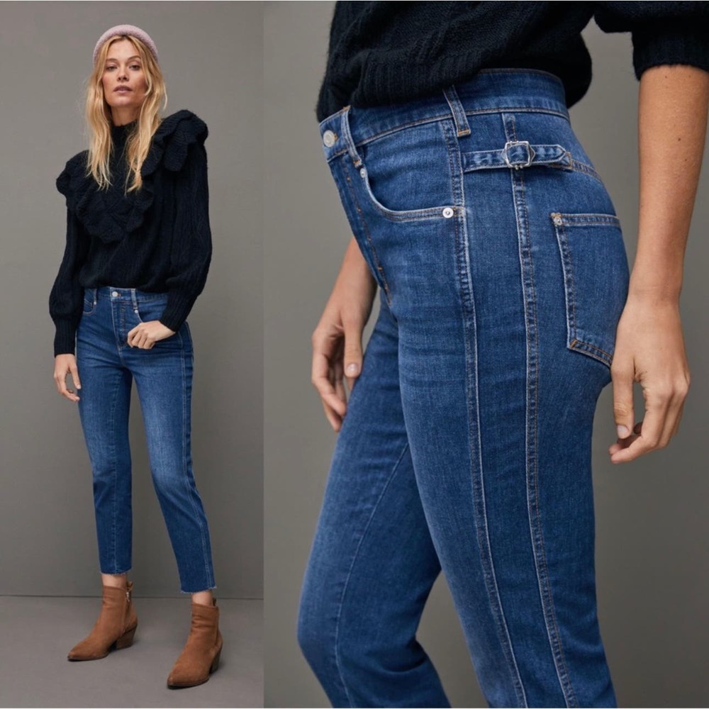 Anthropologie Pilcro Jeans Women 29 Blue High Rise Side Buckle Slim Crop Raw Hem